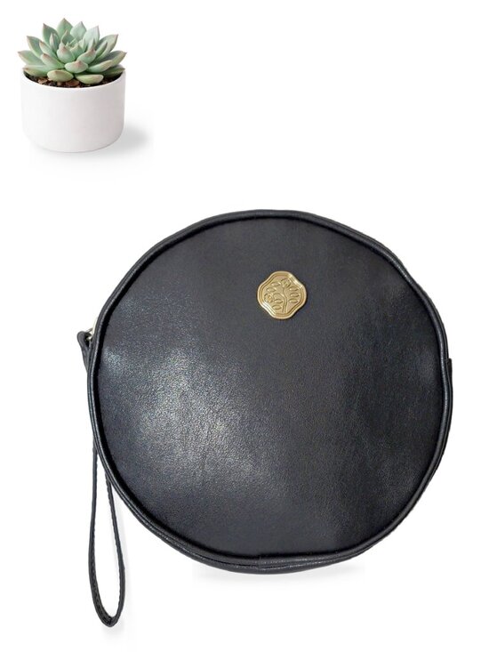 Shiseido Handbags - Shiseido Makeup Bag Round Black Wristlet Pouch Gold Medallion Cosmetic Bag